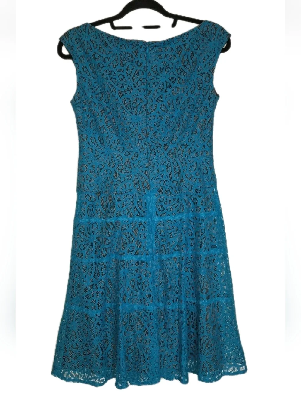 Anne Klein Turquoise Blue Portrait Necklace Lace Swing Party Dress sz 2 V-Neck